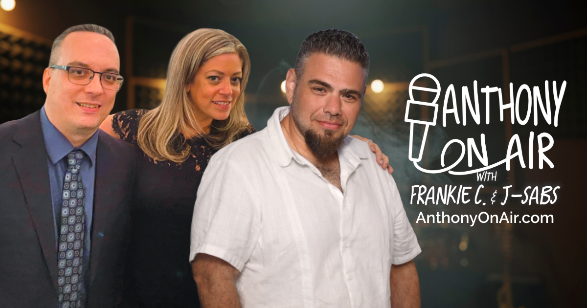 Anthony, Frankie C, and J-Sabs posing with the Anthony On Air Podcast Logo
